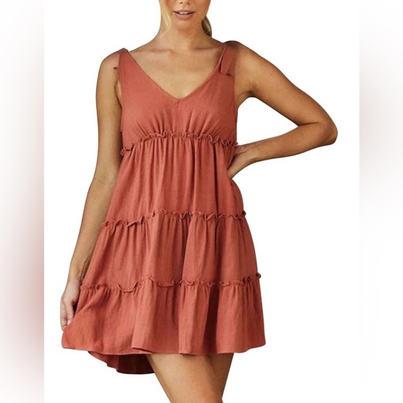 New In Bohemian Rust Sleeveless Tiered Mini Dress M - Picture 1 of 11